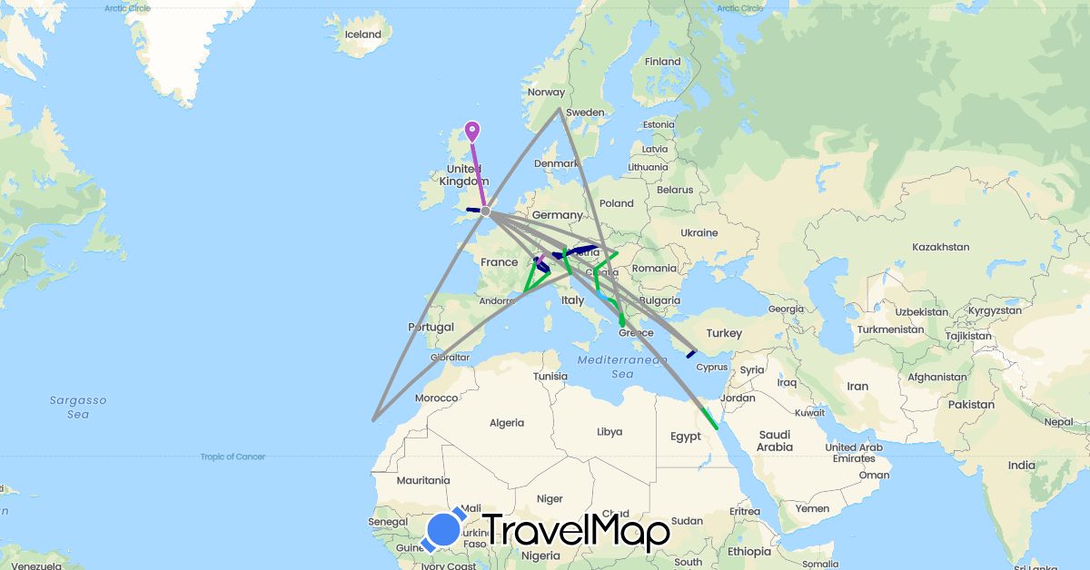 TravelMap itinerary: driving, bus, plane, train, boat in Albania, Austria, Switzerland, Germany, Egypt, Spain, France, United Kingdom, Croatia, Hungary, Italy, Montenegro, Norway, Turkey (Africa, Asia, Europe)